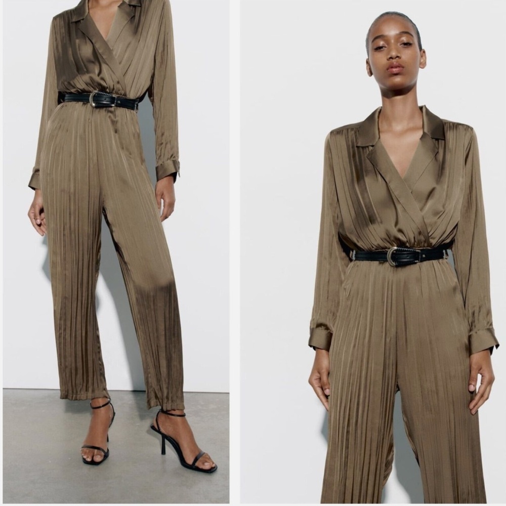 ZARA SATIN EFFECT JUMPSUITLong sleeves  Olive Green Size Small
